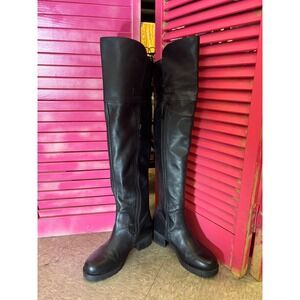 Tata Black Leather Over The Knee Boots Buckle Detail Low Block Heel Tall Boots